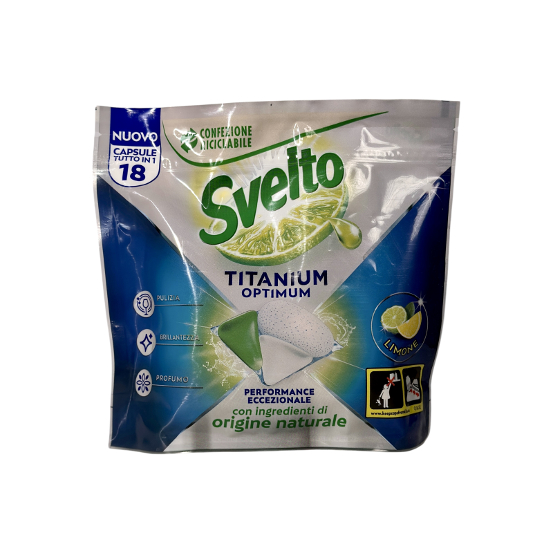 Таблетки для посудомийки Svelto лимонні e titanium optimum limone, 18 шт, 261 г