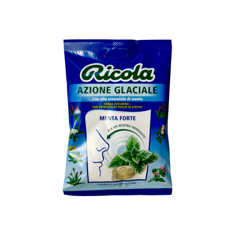 Льодяники швейцарські Ricola м’ятні без цукру azione glaciale menta forte senza zucchero, 70 г