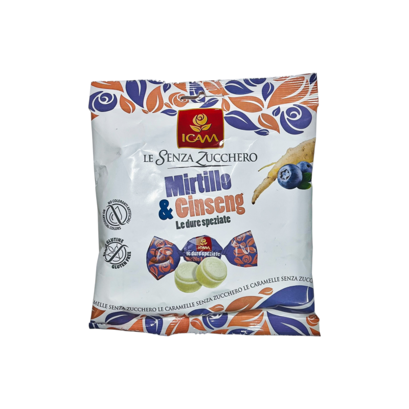 Льодяники ICAM без цукру чорниця та женьшень mirtillo & ginseng senza zucchero, 80 г Льодяники ICAM без цукру чорниця та женьшень mirtillo & ginseng senza zucchero, 80 г