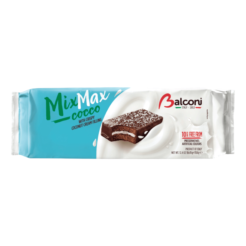 Бісквіти Balconi в шоколаді з кокосовим кремом mix max di gusto cocco, 10x35 г
