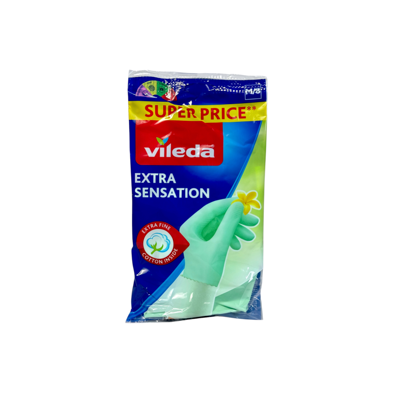 Рукавички господарські латексні Vileda extra sensation з котоном розмір m, 1 пара Рукавички господарські латексні Vileda extra sensation з котоном розмір m, 1 пара
