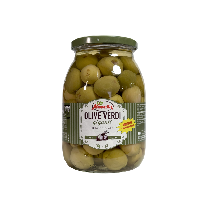 Оливки зелені Novella гіганти без кісточки в розсолі olive verdi giganti denocciolate, 1062 мл