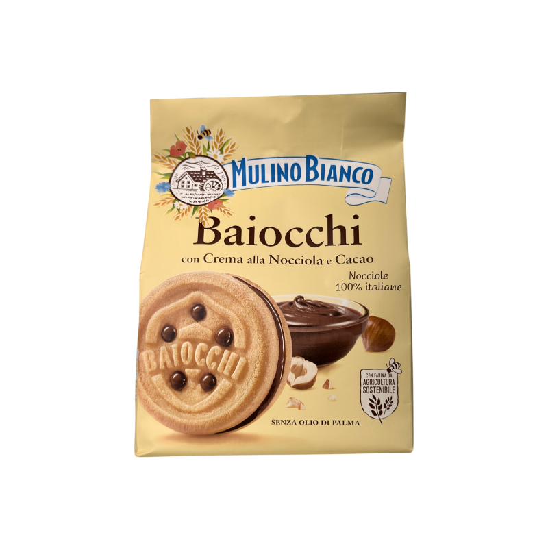 Печиво пісочне сендвіч Mulino Bianco з горіхово-шоколадним кремом baiocchi crema alla nocciola e cacao, 260 г