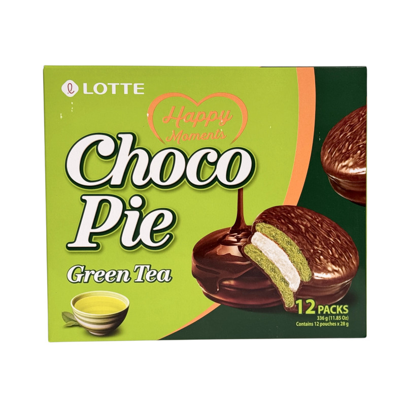 Печиво бісквітне Lotte Choco Pie із зеленим чаєм в шоколадній глазурі, 12×28 г