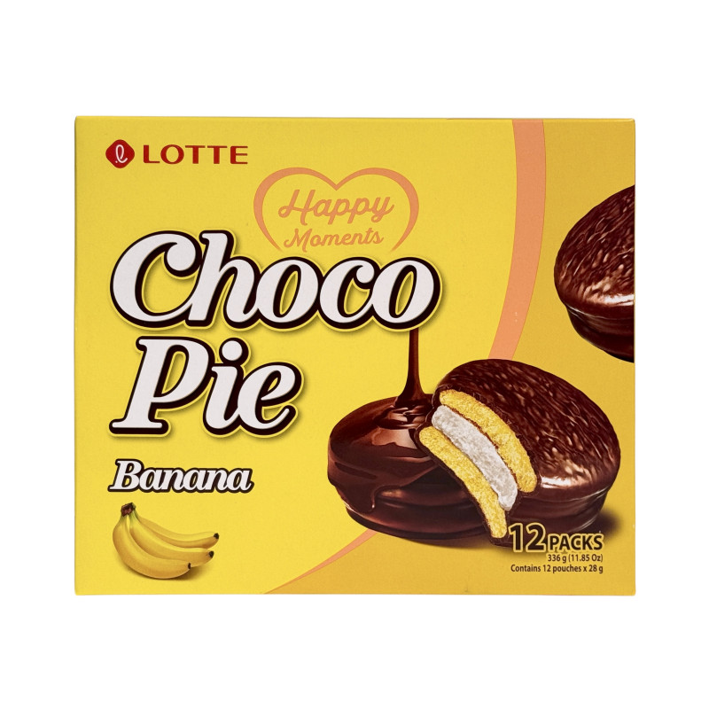 Печиво бісквітне Lotte Choco Pie Banana в шоколадній глазурі з банановим кремом, 12×28 г