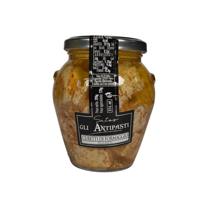 Сир маринований Satos кубики пікантні cubetti di formaggio piccanti, 314 мл