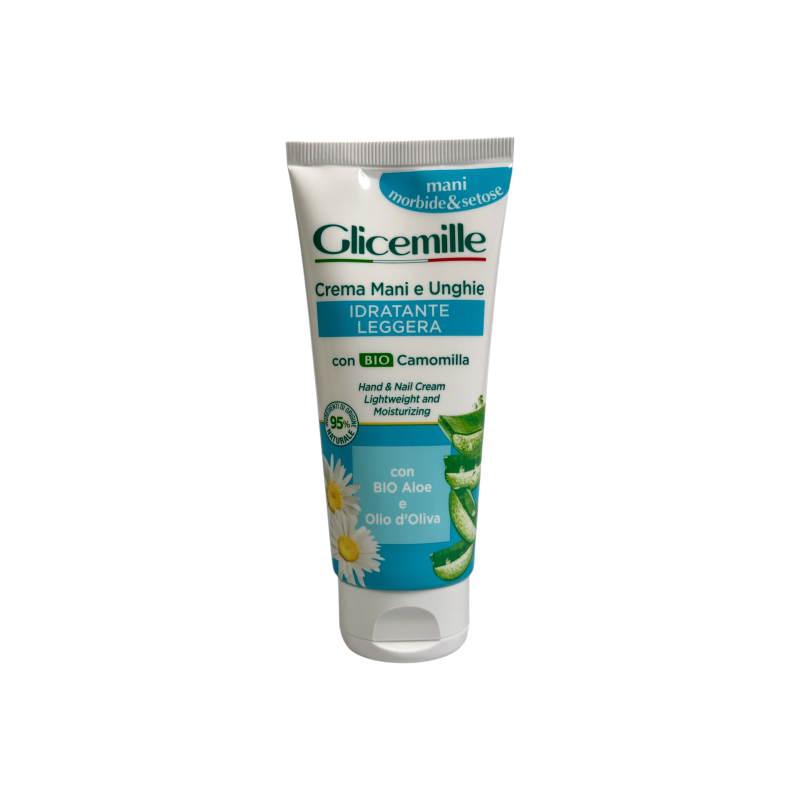 Крем для рук і нігтів Glicemille зволожувальний легкий з алое bio crema mani e unghie idratante leggera con bio camomilla e aloe vera, 100 мл