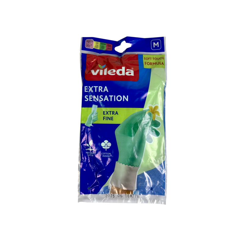 Рукавички господарські латексні Vileda ультратонкі з бавовняною підкладкою розмір m extra sensation, 1 пара