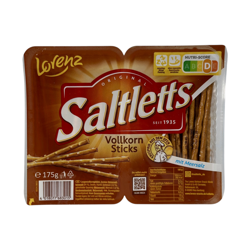 Соломка Lorenz Saltletts з цільного зерна та морською сіллю e vollkorn sticks mit meersalz, 175 г