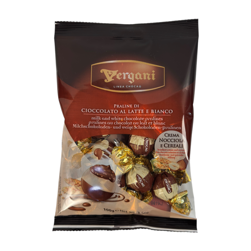 Цукерки Vergani праліне горіхові в білому та молочному шоколаді praline creme nocciola e cereali 95 г