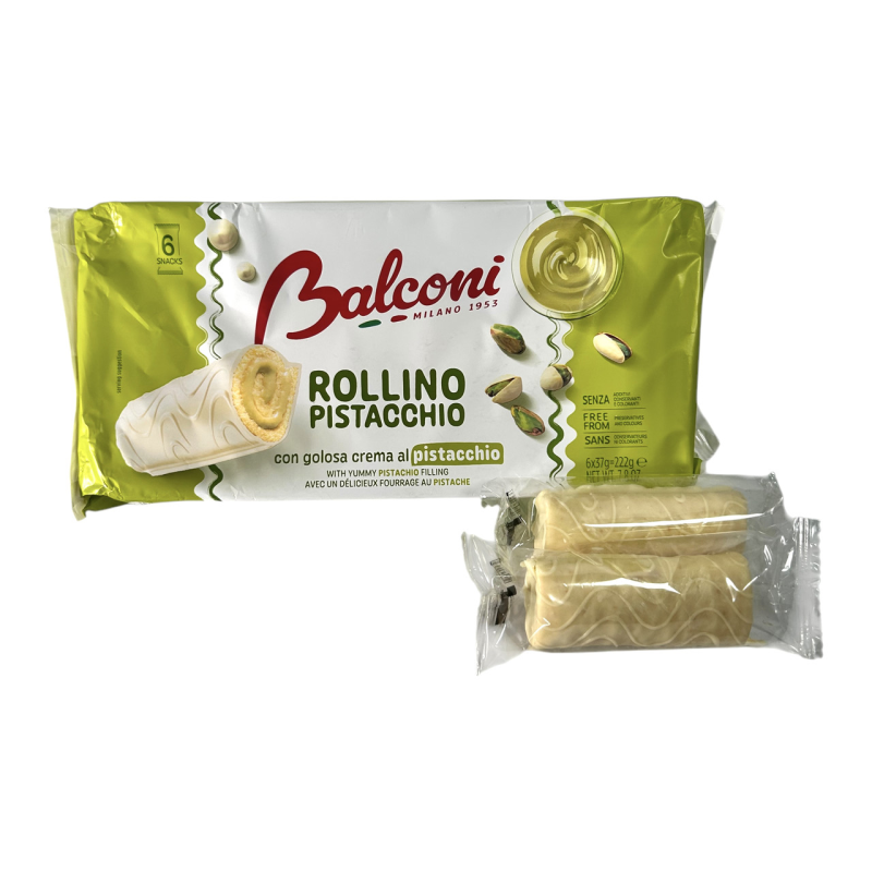 Рулетики Balconi з фісташковим кремом в білому шоколаді rollino pistacchio, 222 г
